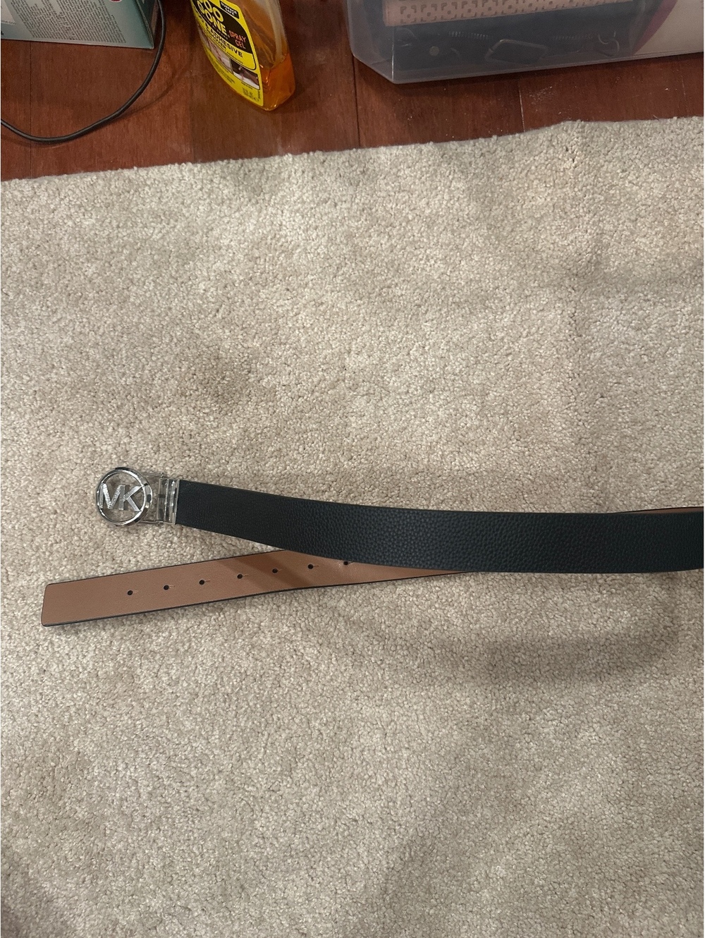 (2)Michael Kors Black Leather Reversible Belt with Silver MK Buckle